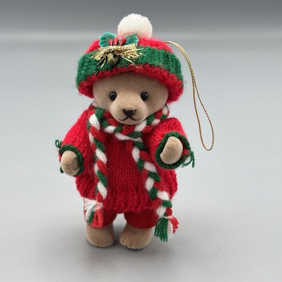 Vtg Flocked Articulated Teddy Bear Sweater Outfit Christmas Ornament 5" T READ - Picture 5 of 8